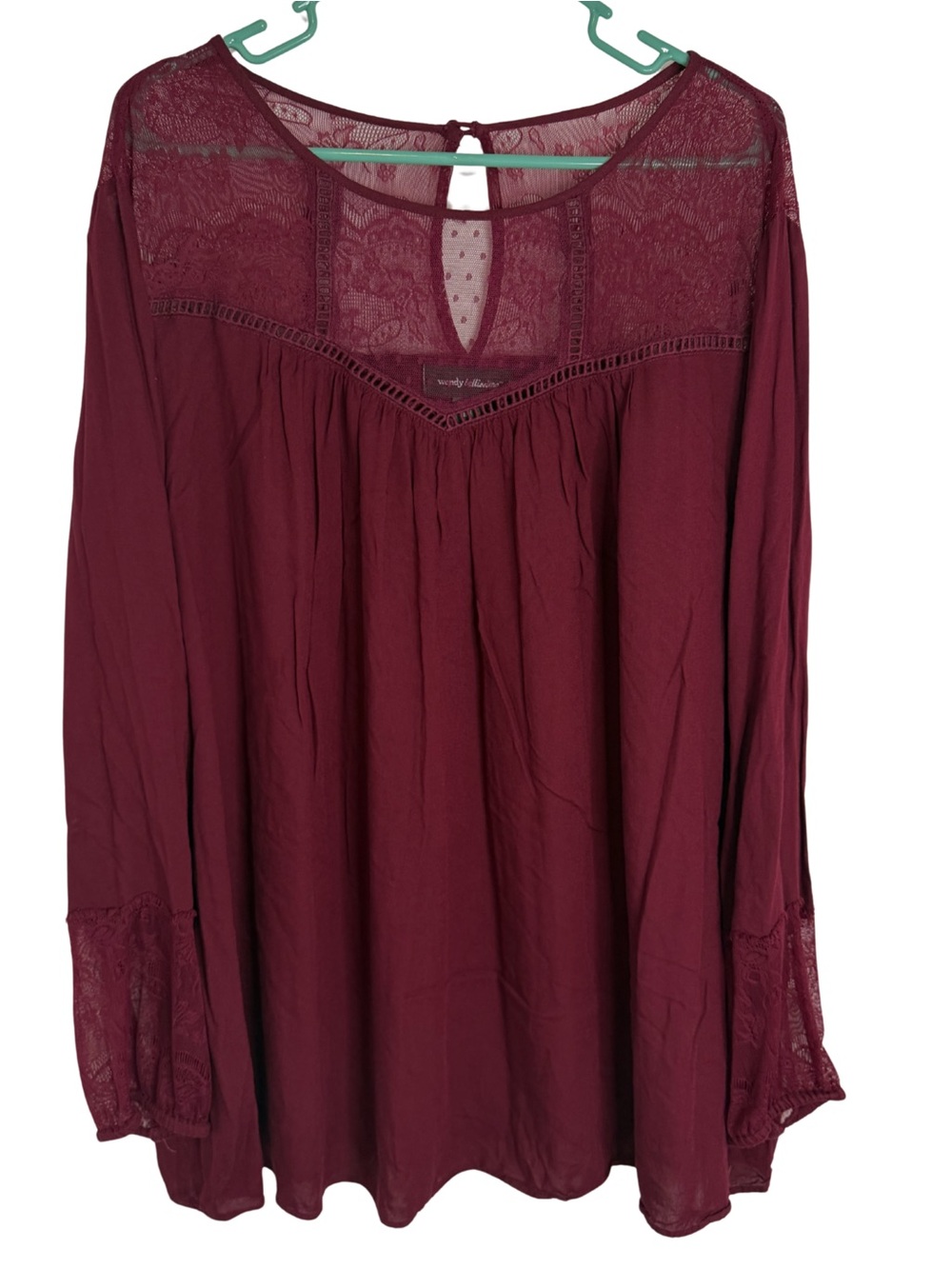 3/$20 Wendy Bellissimo Burgundy Lace Yoke Long Sleeve Mini Dress Size 1X